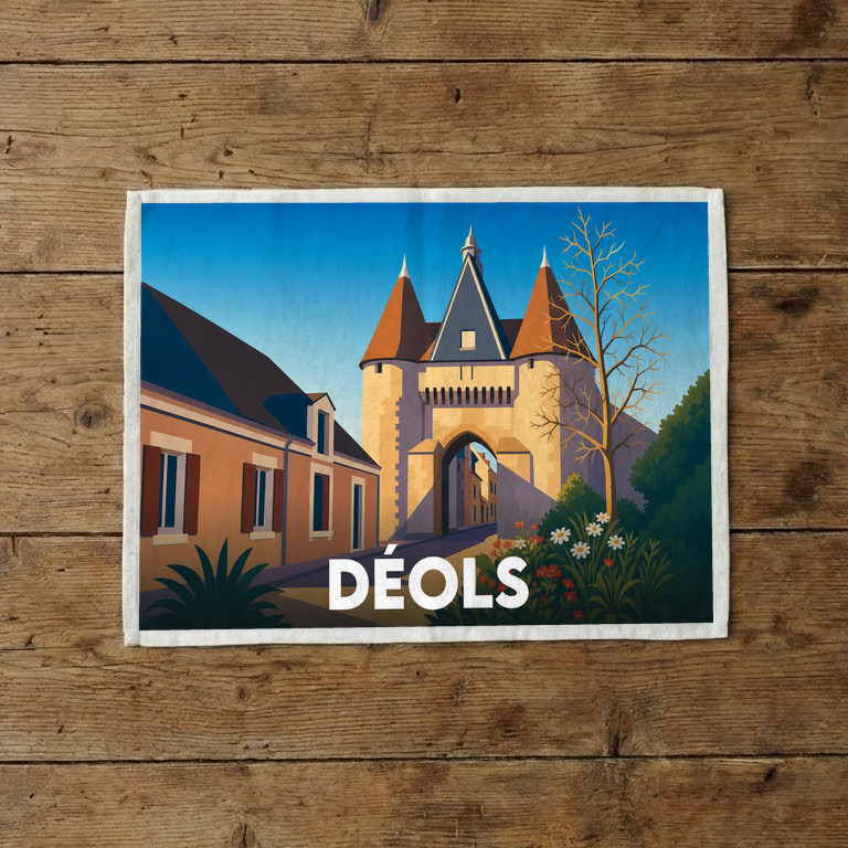 Torchon souvenir de la ville de Déols avec une illustration stylisée de sa porte médiévale.