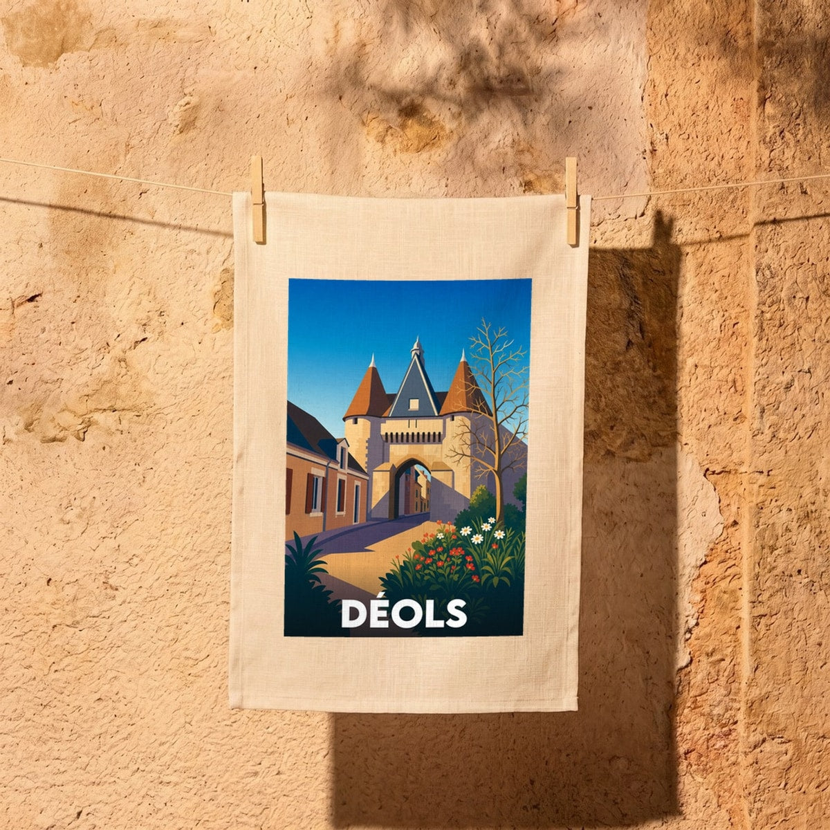 Torchon souvenir de la ville de Déols avec une illustration stylisée de sa porte médiévale.