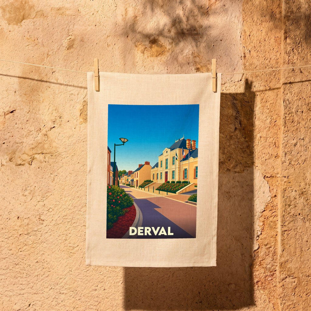Torchon souvenir de la ville de Derval illustré d'un paysage urbain stylisé.