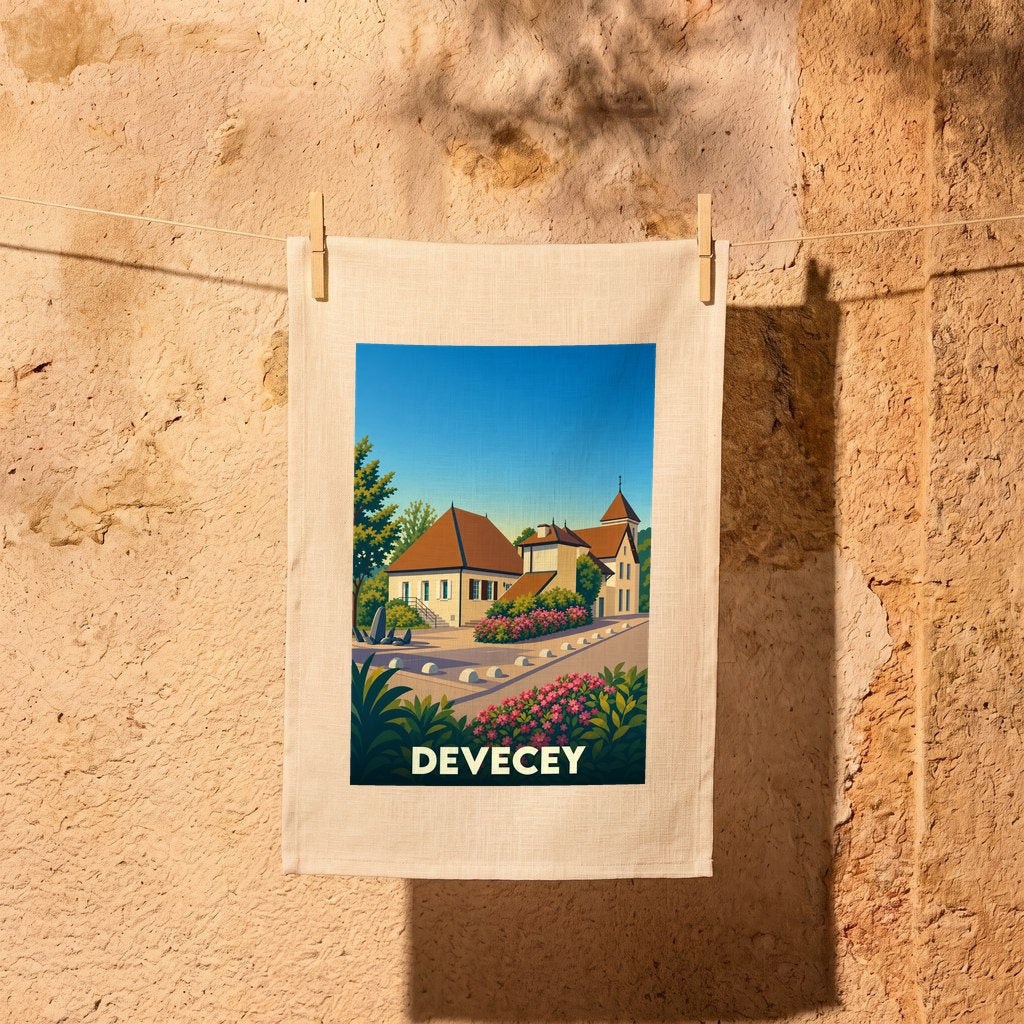Torchon souvenir de la ville de Devecey avec une illustration stylisée d'un paysage urbain.