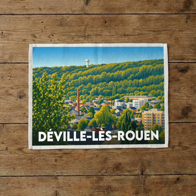 Torchon souvenir de la ville de Déville-lès-Rouen avec une illustration stylisée d'un paysage urbain boisé.
