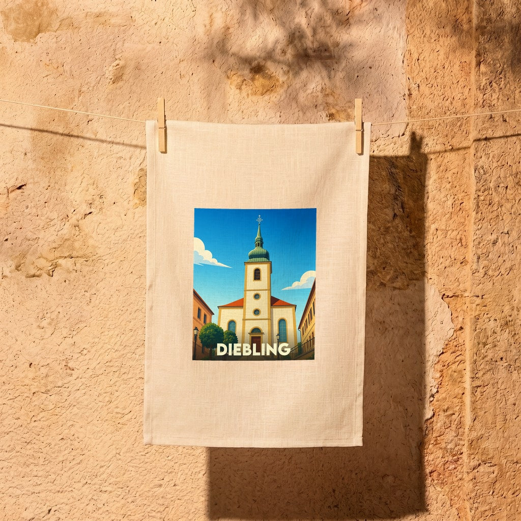 Torchon souvenir de la ville de Diebling avec une illustration stylisée de son église.