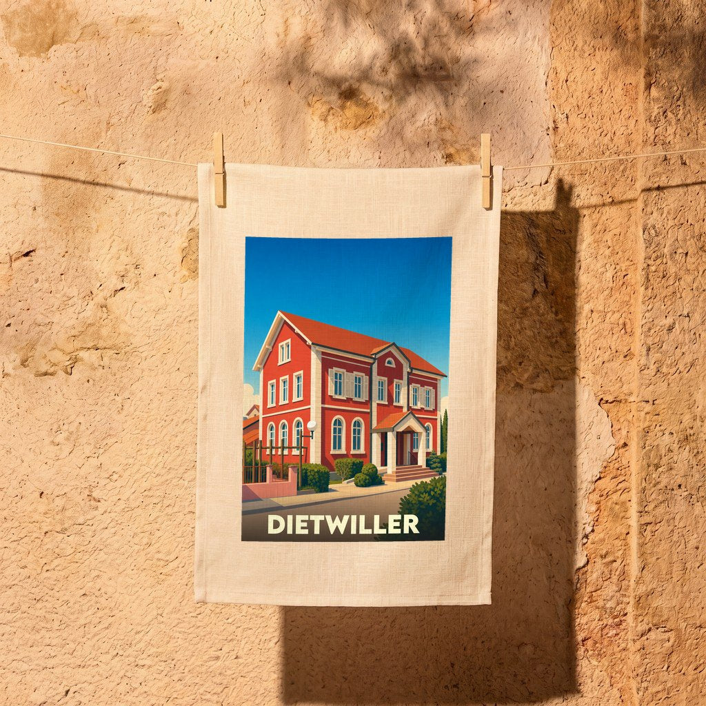 Torchon souvenir de la ville de Dietwiller avec une illustration stylisée d'une maison rouge.