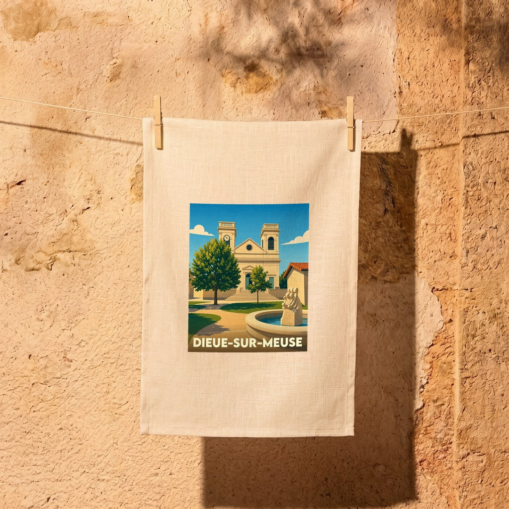 Torchon souvenir de la ville de Dieue-sur-Meuse avec une illustration stylisée d'une église et d'une fontaine.
