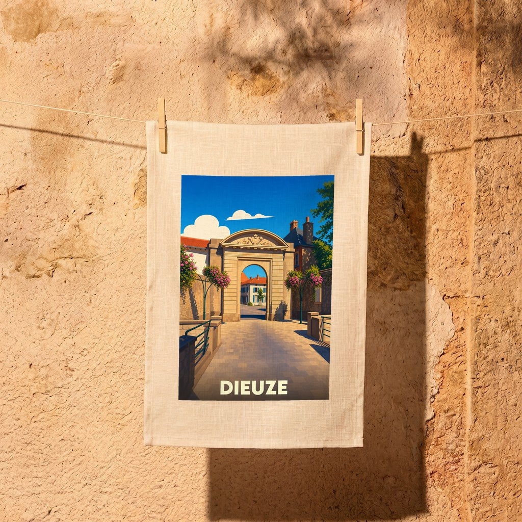 Torchon souvenir de la ville de Dieuze illustré d'une arche historique stylisée.