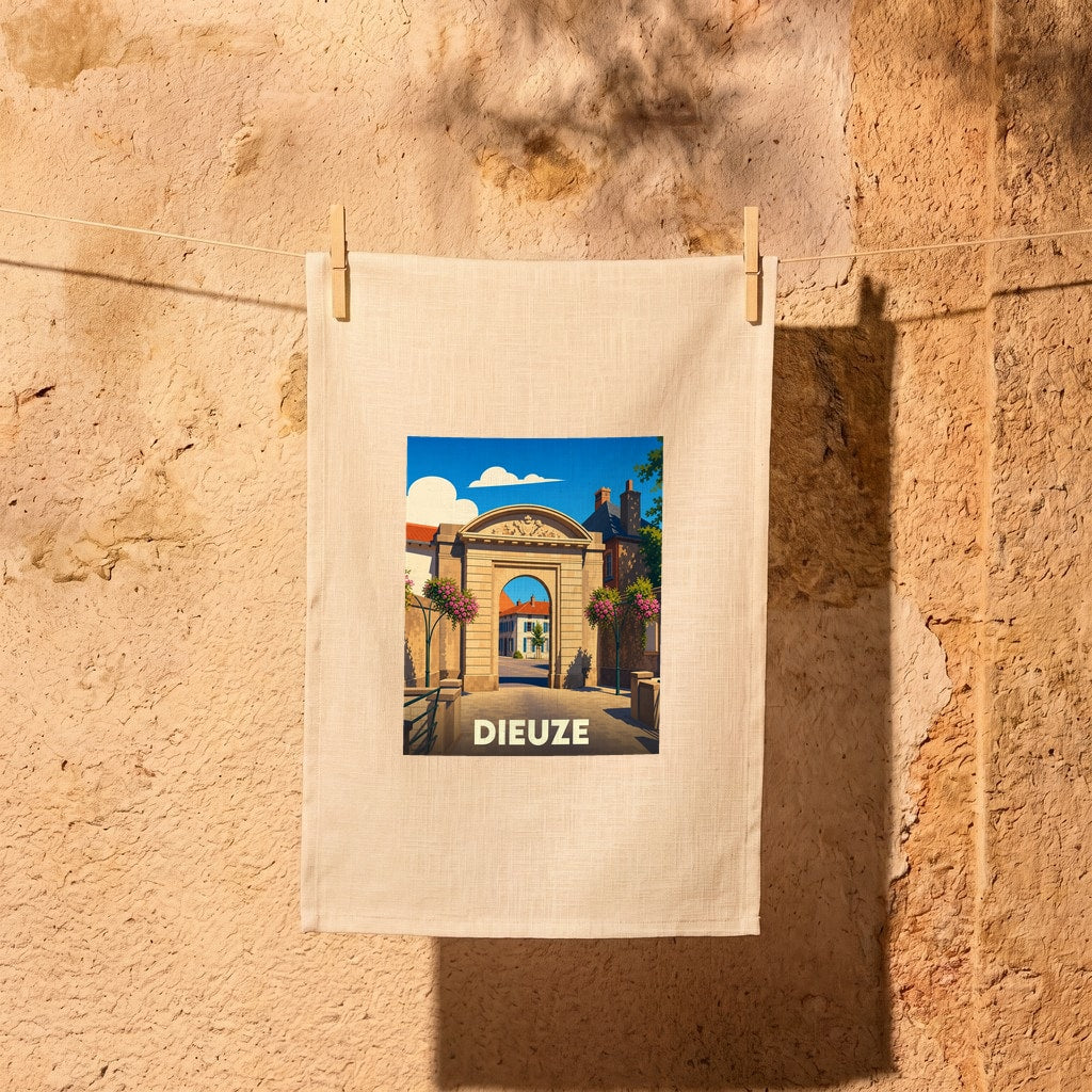 Torchon souvenir de la ville de Dieuze illustré d'une arche historique stylisée.