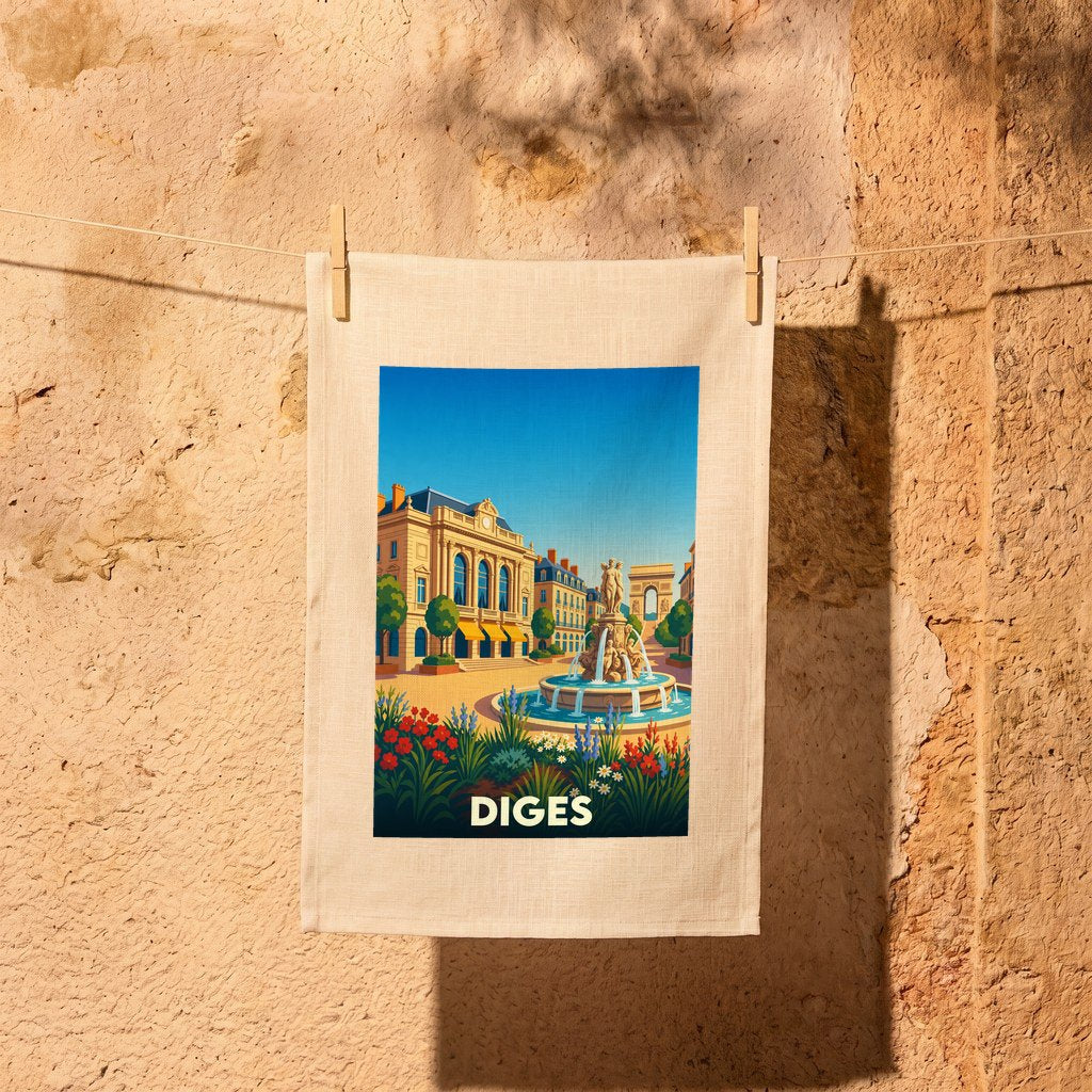 Torchon souvenir de la ville de Diges avec une illustration stylisée d'une place ensoleillée et sa fontaine.