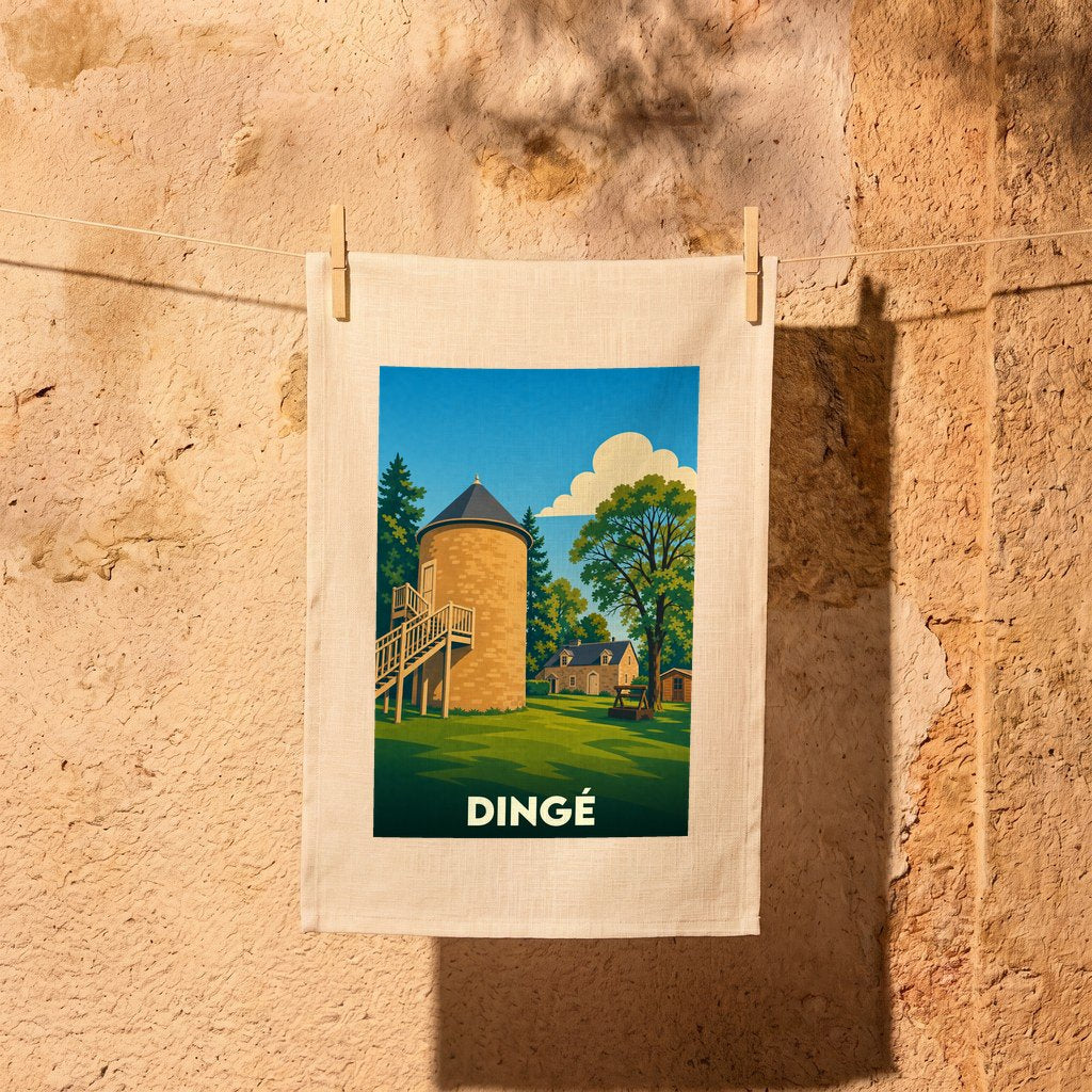 Torchon souvenir de la ville de Dingé orné d'une illustration stylisée représentant une tour en pierre et un paysage rural.
