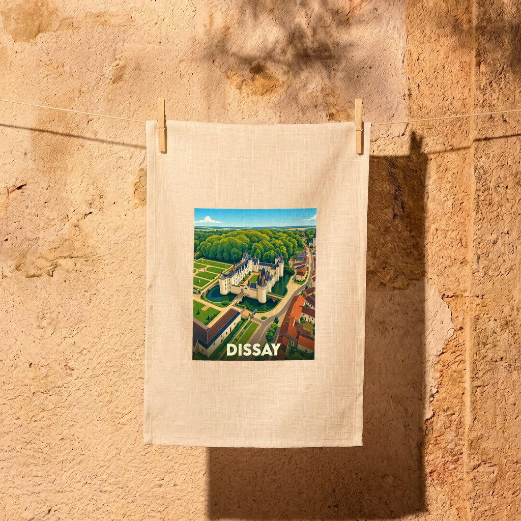 Torchon souvenir de la ville de Dissay avec une illustration stylisée de son château.