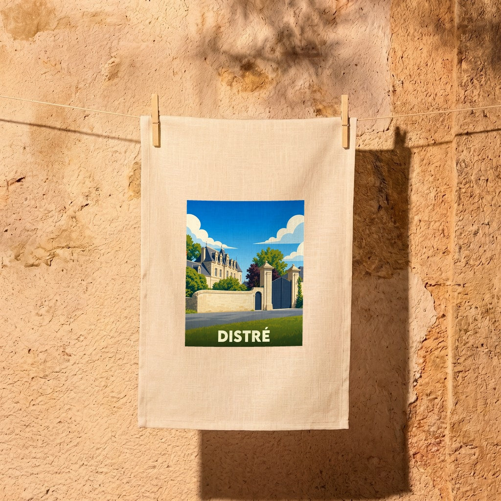 Torchon souvenir de la ville de Distré orné d'une illustration stylisée de son patrimoine architectural.