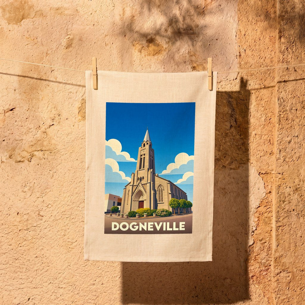 Torchon souvenir de la ville de Dogneville avec une illustration stylisée d'église.
