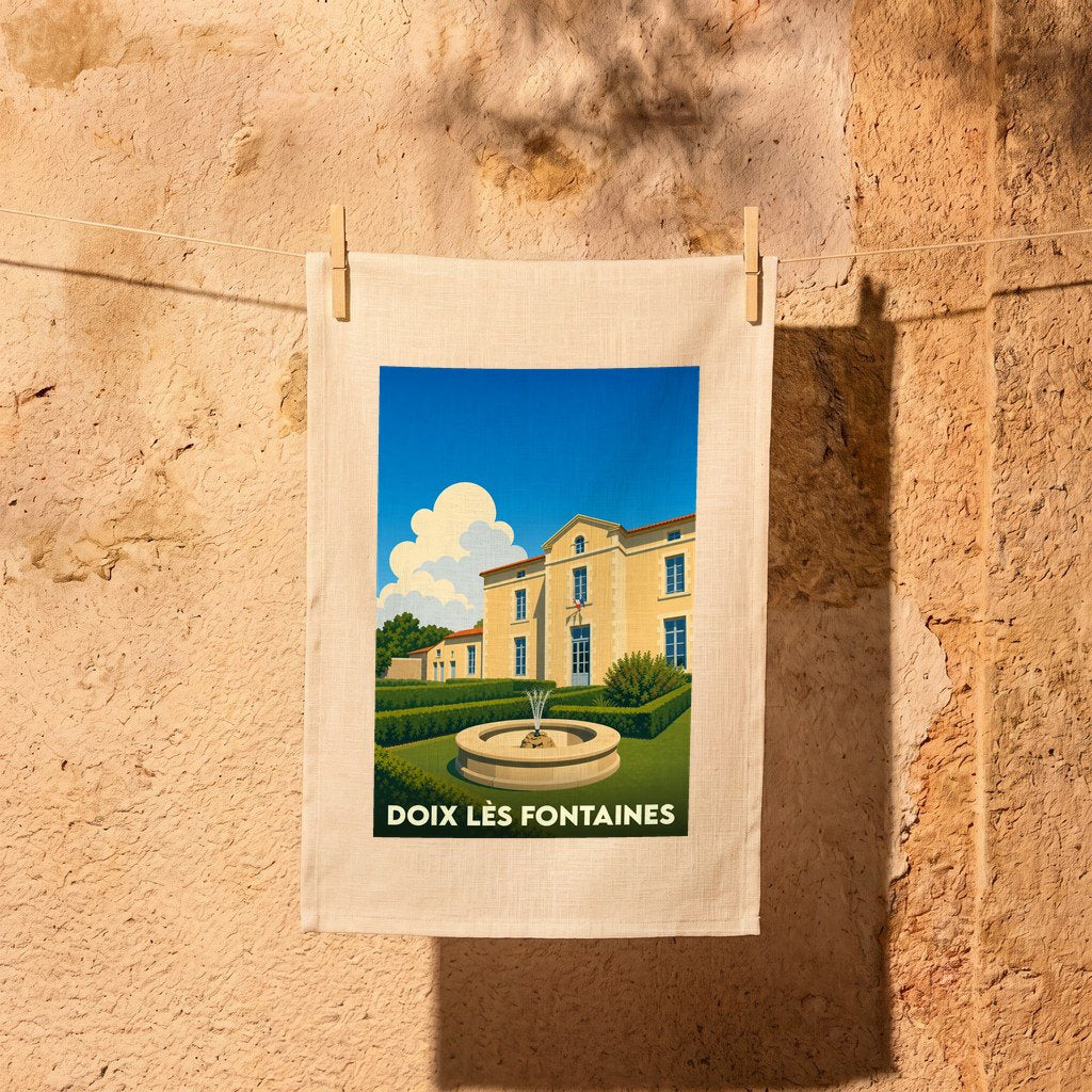 Torchon souvenir de la ville de Doix lès Fontaines avec une illustration stylisée d'un bâtiment provençal et de sa fontaine.