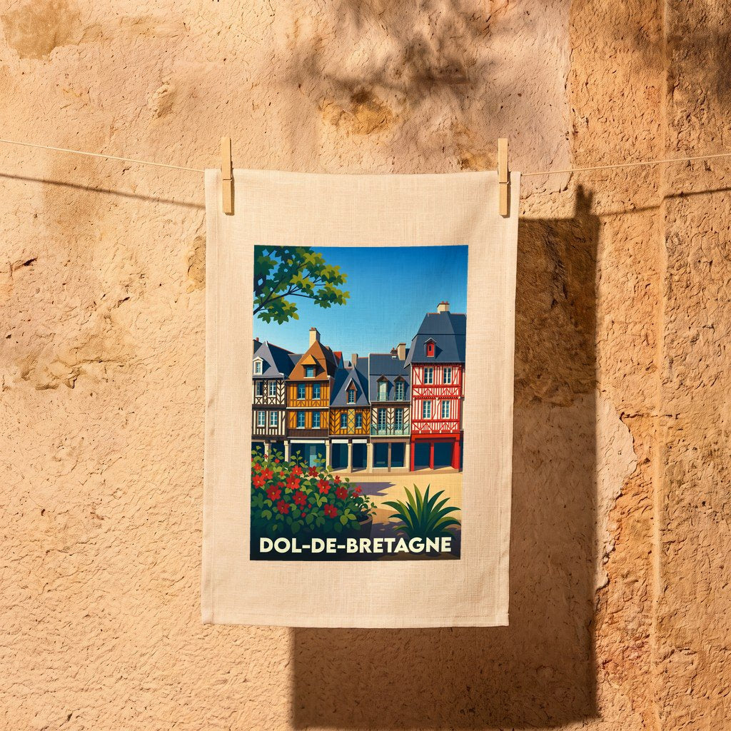 Torchon souvenir de Dol-de-Bretagne illustrant des maisons à colombages colorées dans un style rétro.