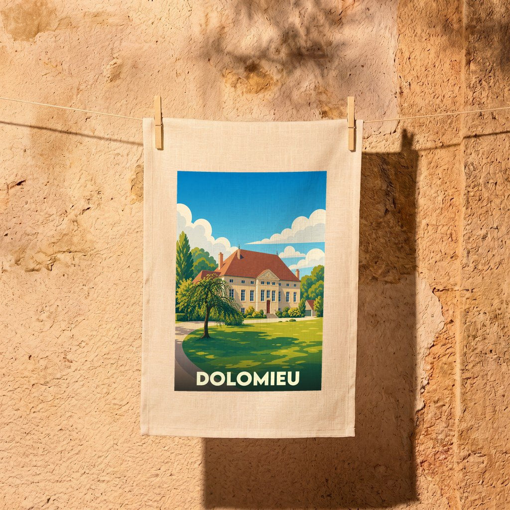 Torchon souvenir de la ville de Dolomieu avec une illustration stylisée d'une demeure historique.