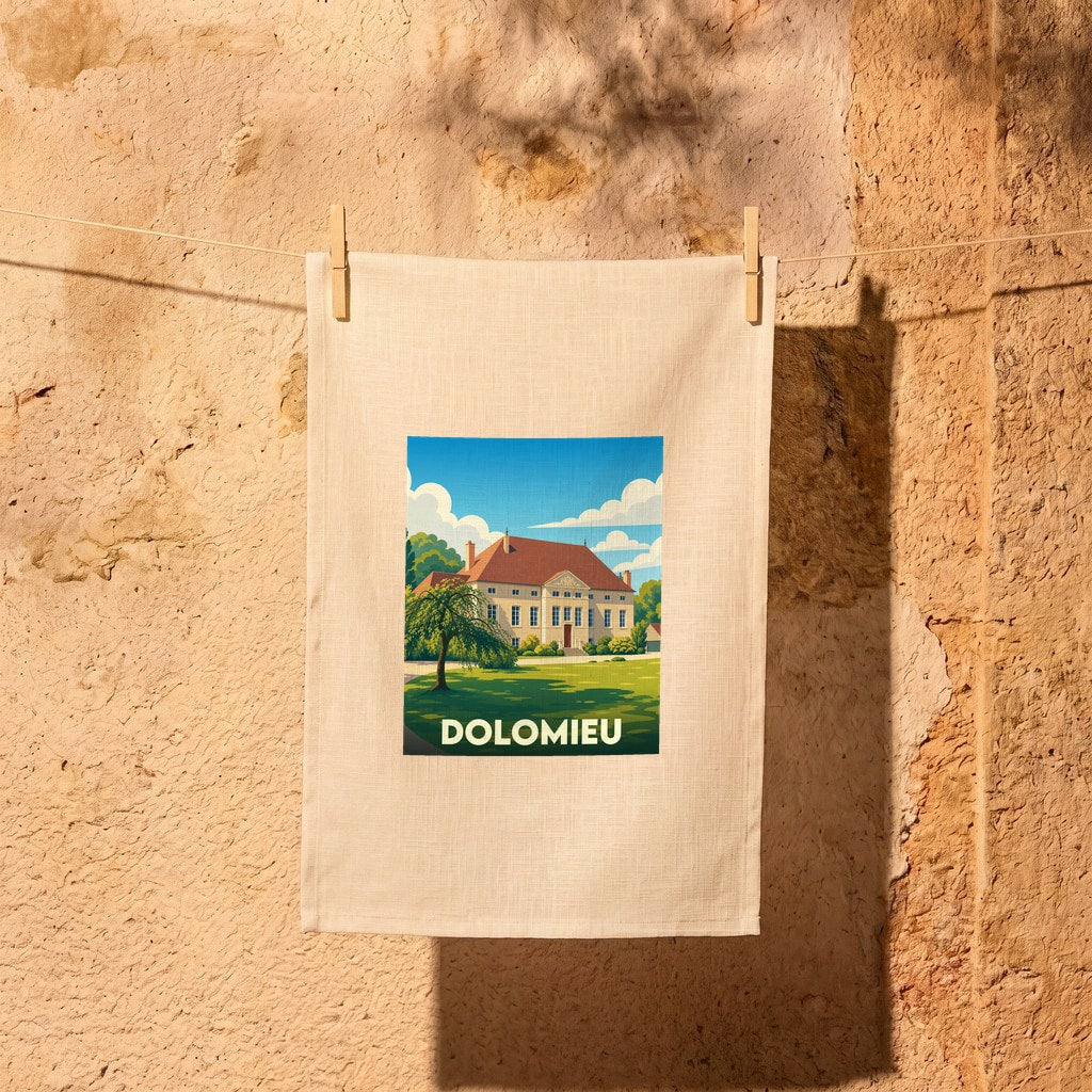 Torchon souvenir de la ville de Dolomieu avec une illustration stylisée d'une demeure historique.