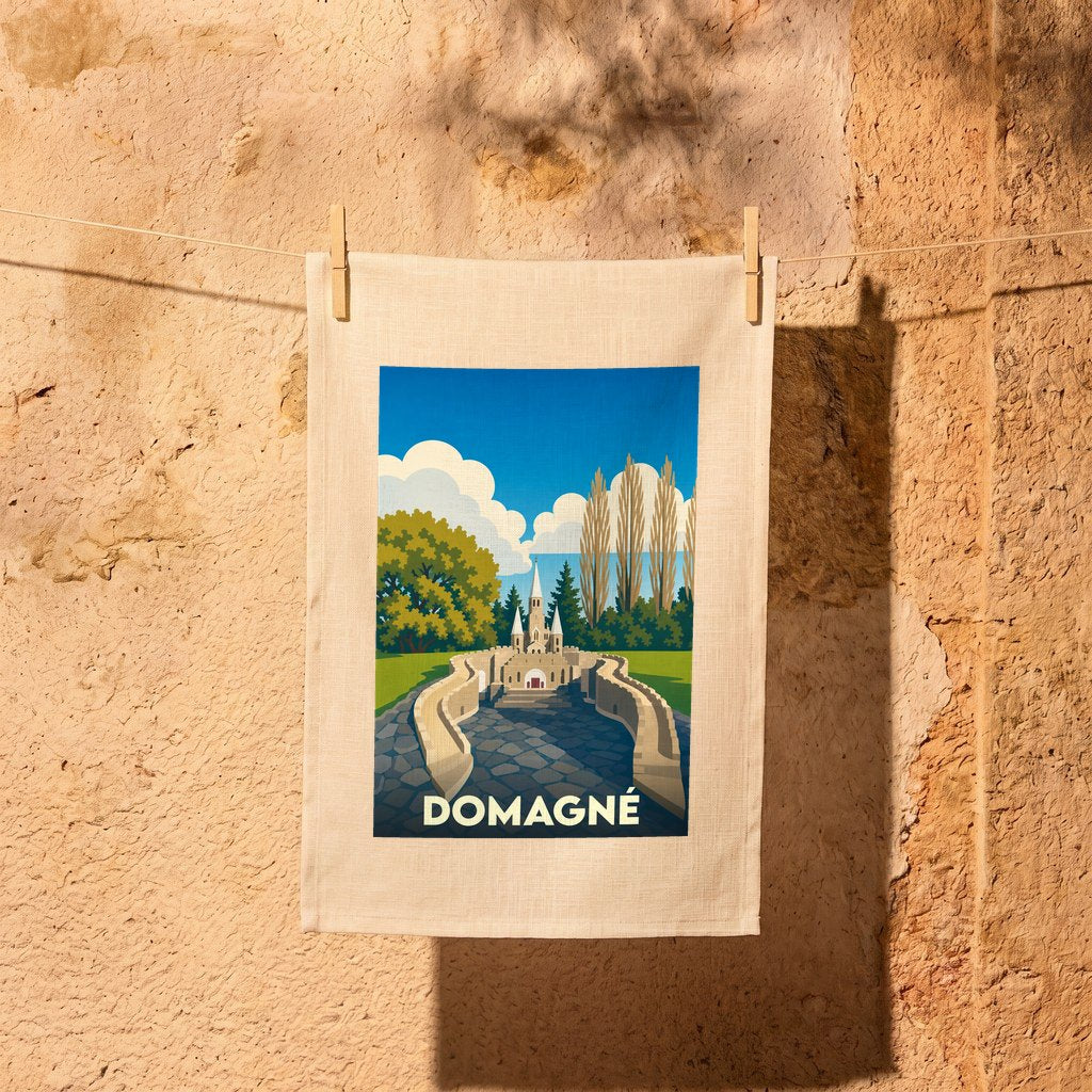 Torchon souvenir de la ville de Domagné avec une illustration stylisée.