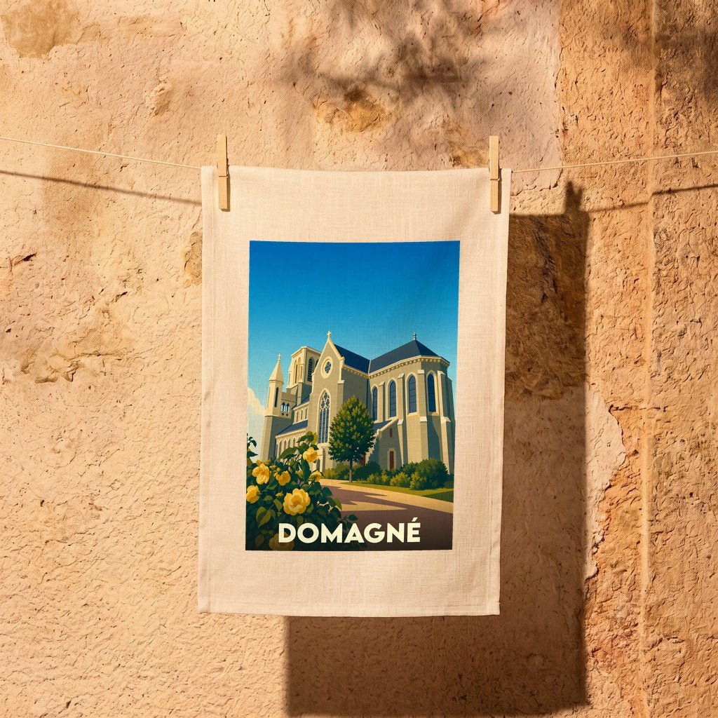 Torchon souvenir de la ville de Domagné avec une illustration stylisée de son église et de fleurs jaunes.