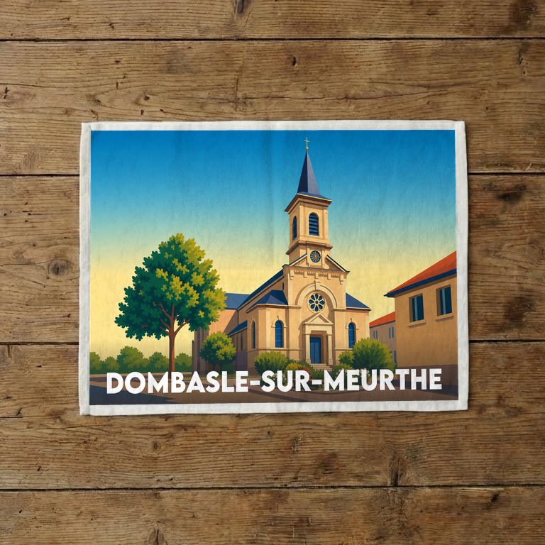 Torchon souvenir de la ville de Dombasle-sur-Meurthe avec une illustration stylisée de son église.