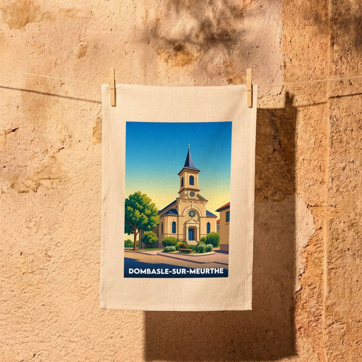 Torchon souvenir de la ville de Dombasle-sur-Meurthe avec une illustration stylisée de son église.