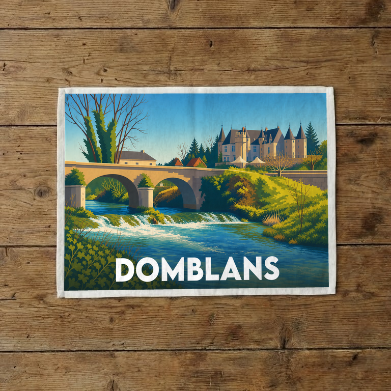 Torchon souvenir de la ville de Domblans avec une illustration stylisée d'un château et d'un pont sur une rivière.