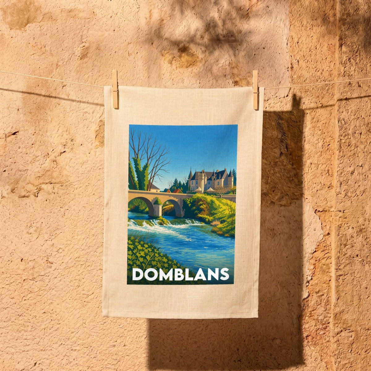 Torchon souvenir de la ville de Domblans avec une illustration stylisée d'un château et d'un pont sur une rivière.