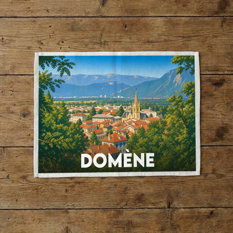 Torchon souvenir de la ville de Domène avec une illustration stylisée d'un panorama urbain et montagneux.