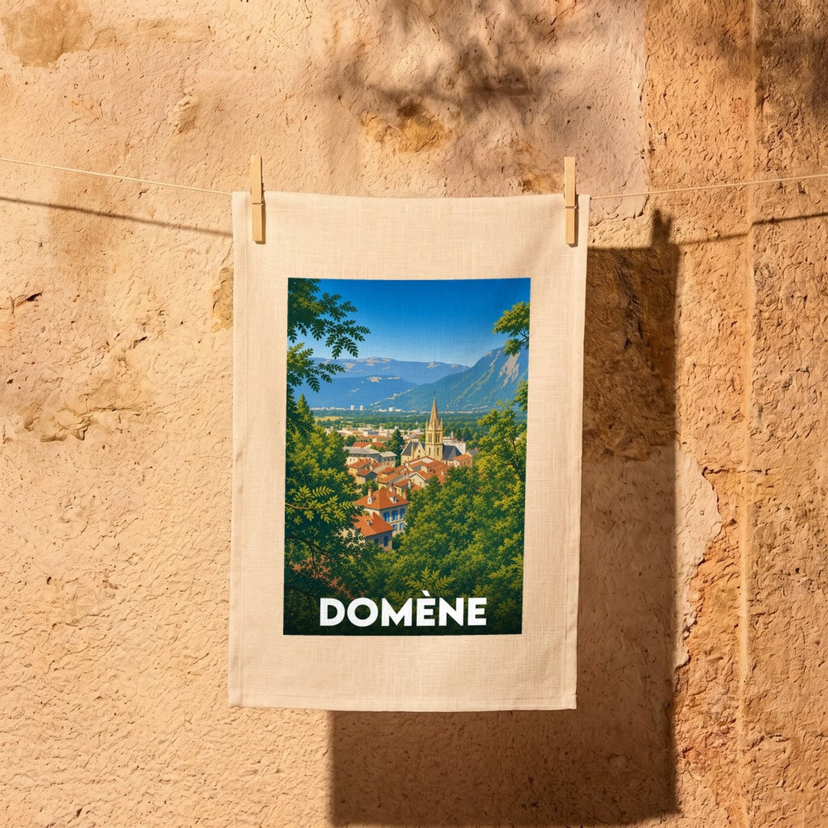 Torchon souvenir de la ville de Domène avec une illustration stylisée d'un panorama urbain et montagneux.