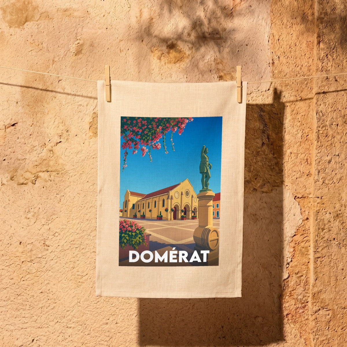 Torchon souvenir de la ville de Domérat avec une illustration stylisée de son église et de sa place.