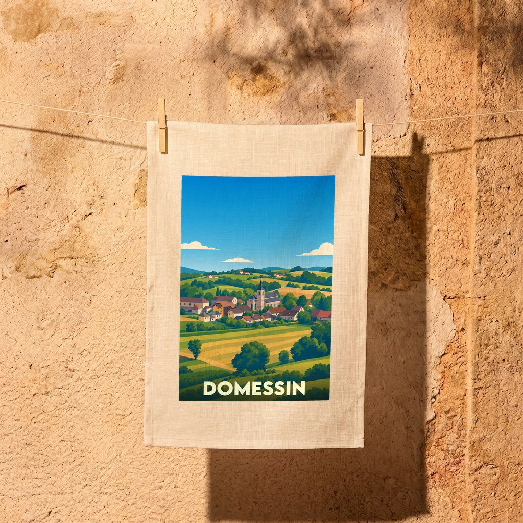 Torchon souvenir de la ville de Domessin avec une illustration stylisée d'un paysage rural.