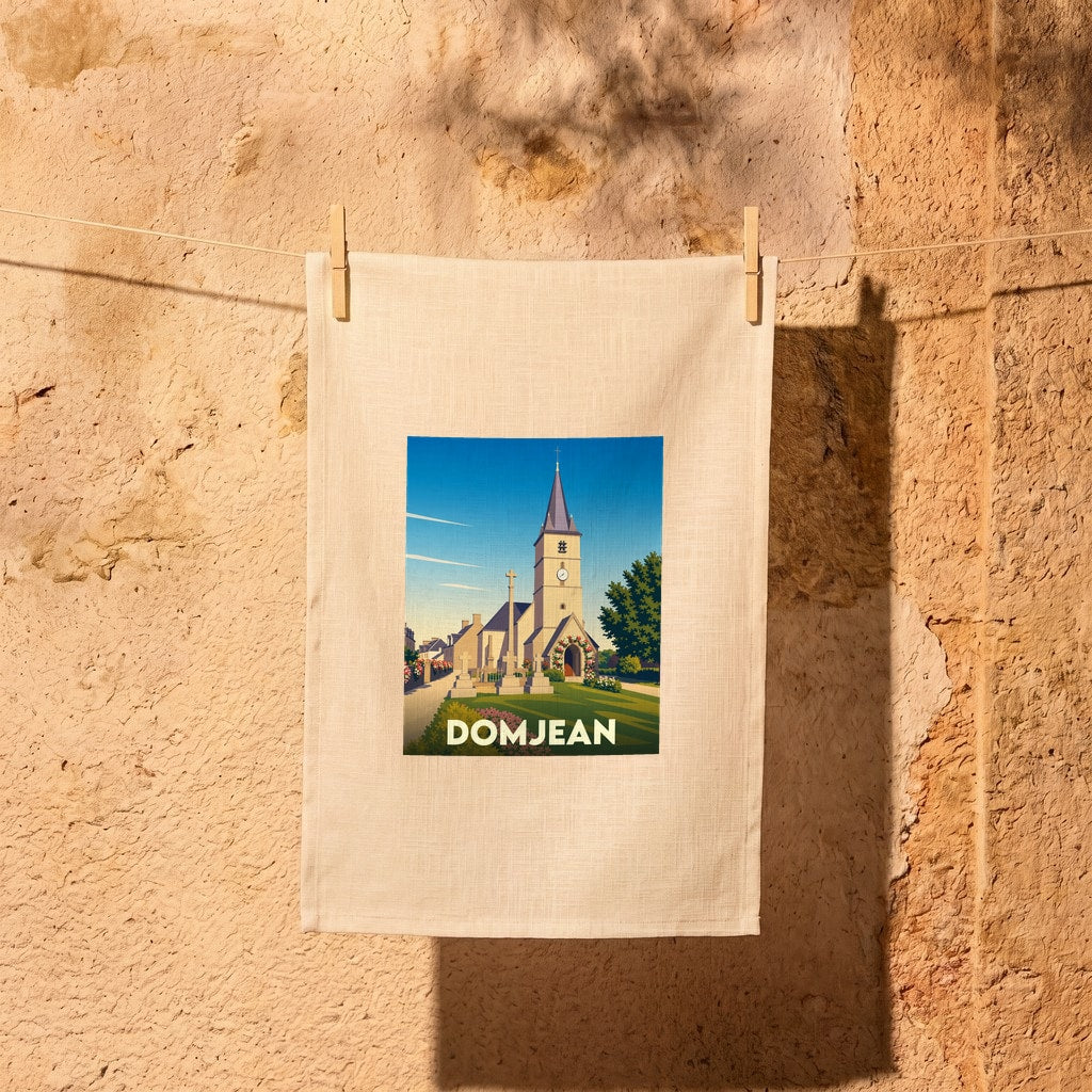 Torchon souvenir de la ville de Domjean illustré par un dessin stylisé de son église et de son cimetière.