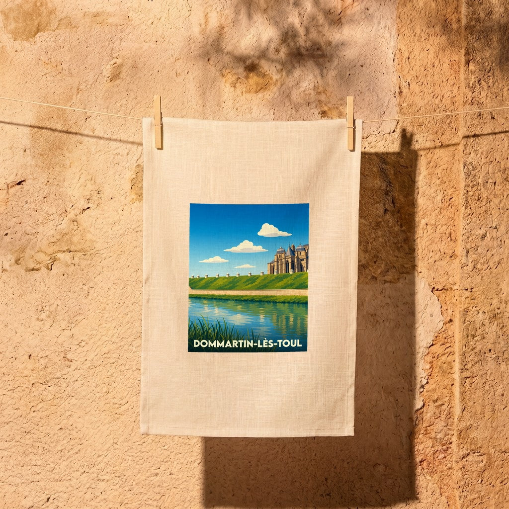 Torchon souvenir de la ville de Dommartin-lès-Toul avec une illustration stylisée.