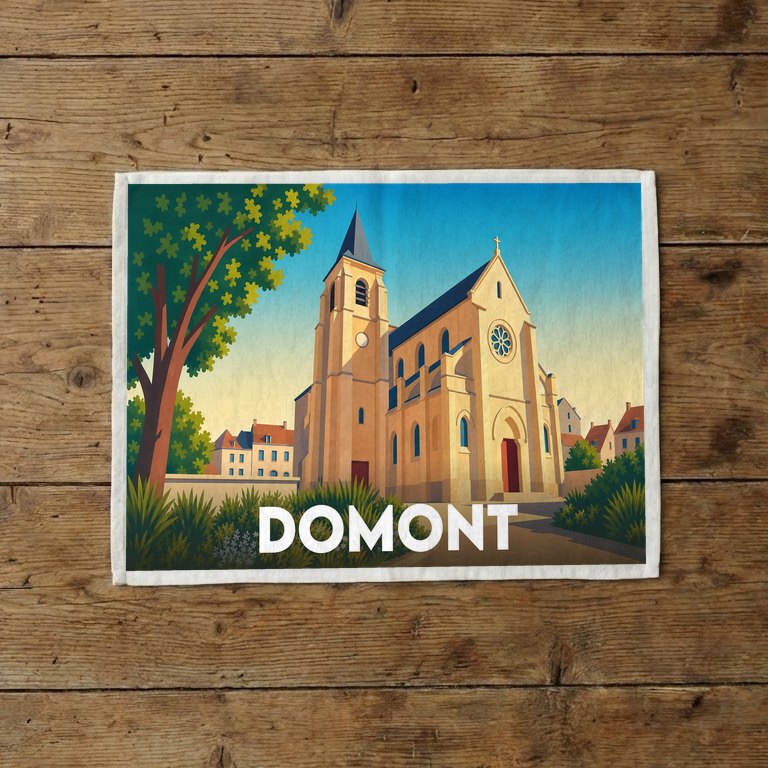 Torchon souvenir de la ville de Domont avec une illustration stylisée de son église.