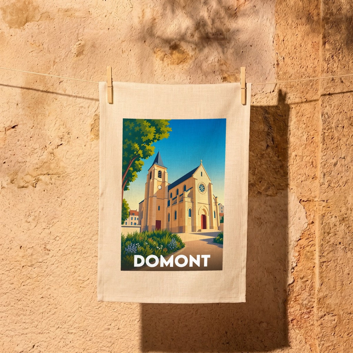 Torchon souvenir de la ville de Domont avec une illustration stylisée de son église.