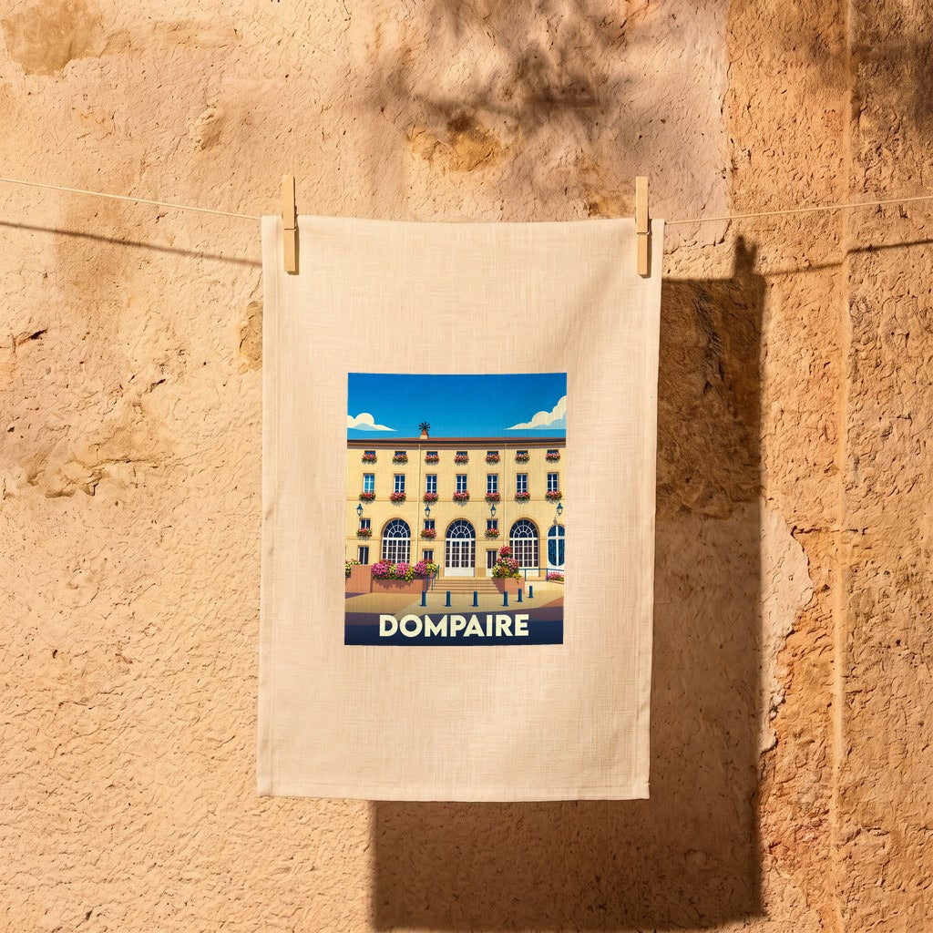 Torchon souvenir de la ville de Dompaire illustré par une vue stylisée de la mairie.
