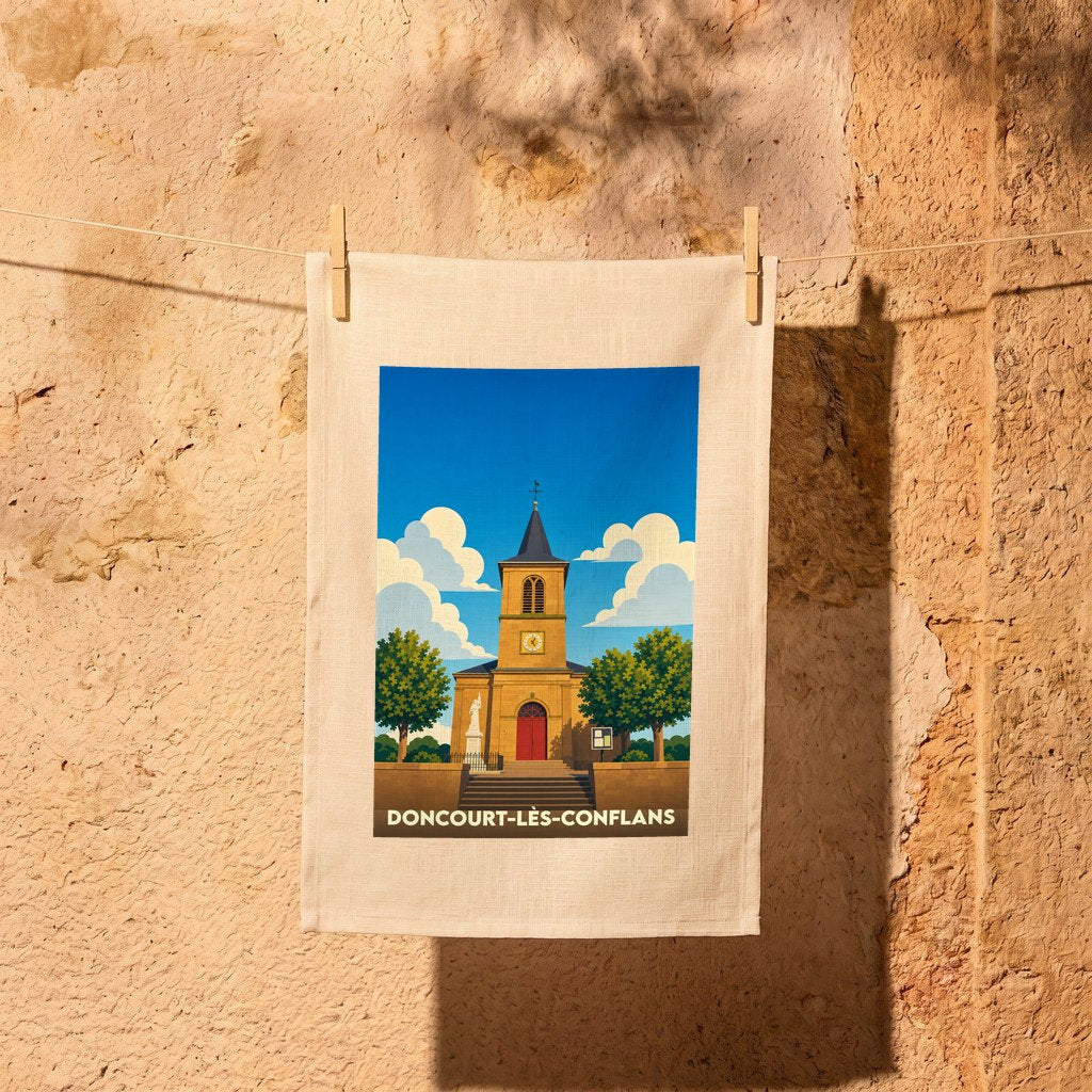 Torchon souvenir de la ville de Doncourt-lès-Conflans illustré par une vue stylisée de son église sous un ciel bleu.