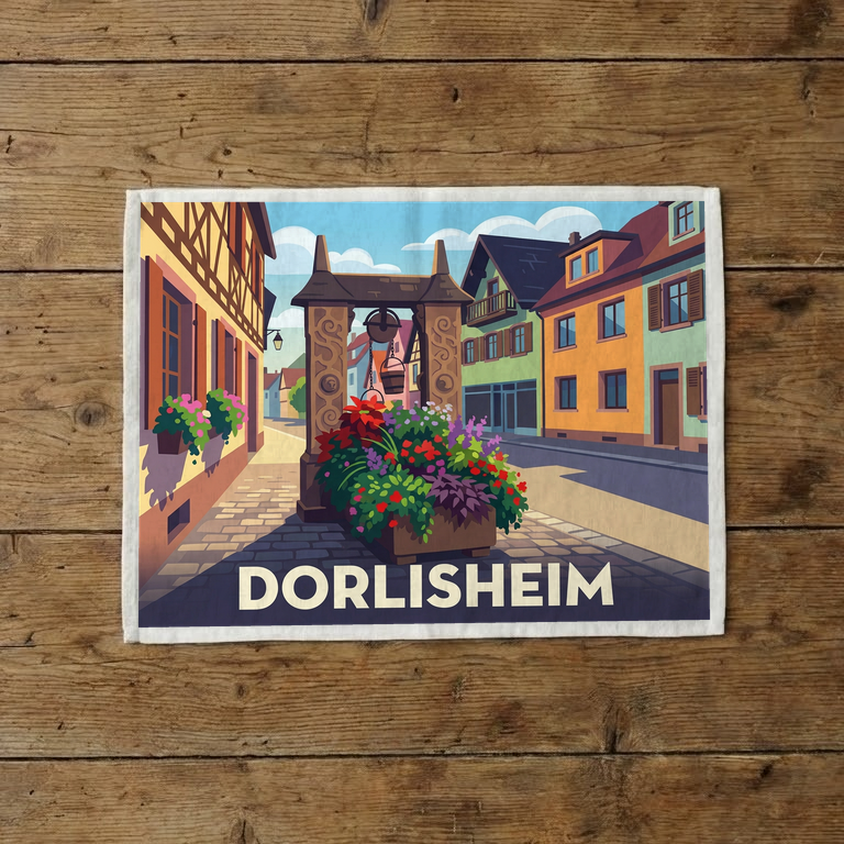 Torchon souvenir de la ville de Dorlisheim illustrant une rue pittoresque avec ses maisons traditionnelles et son puits fleuri.