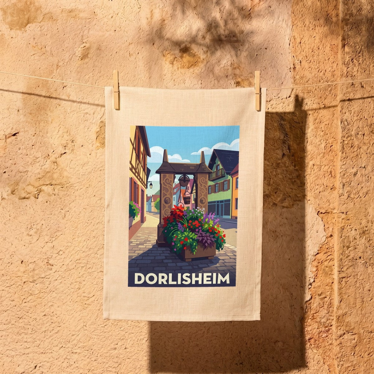 Torchon souvenir de la ville de Dorlisheim illustrant une rue pittoresque avec ses maisons traditionnelles et son puits fleuri.