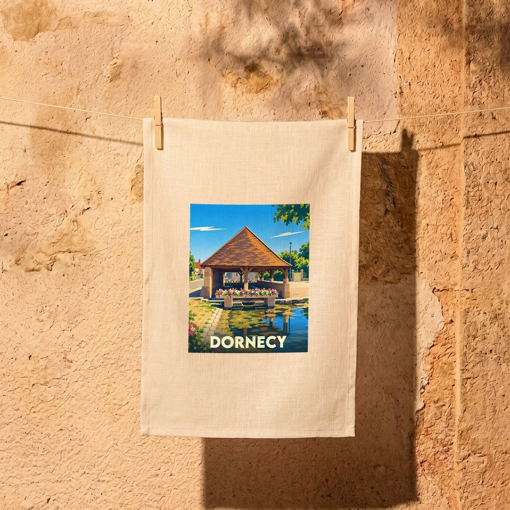 Torchon souvenir de la ville de Dornecy avec une illustration stylisée.