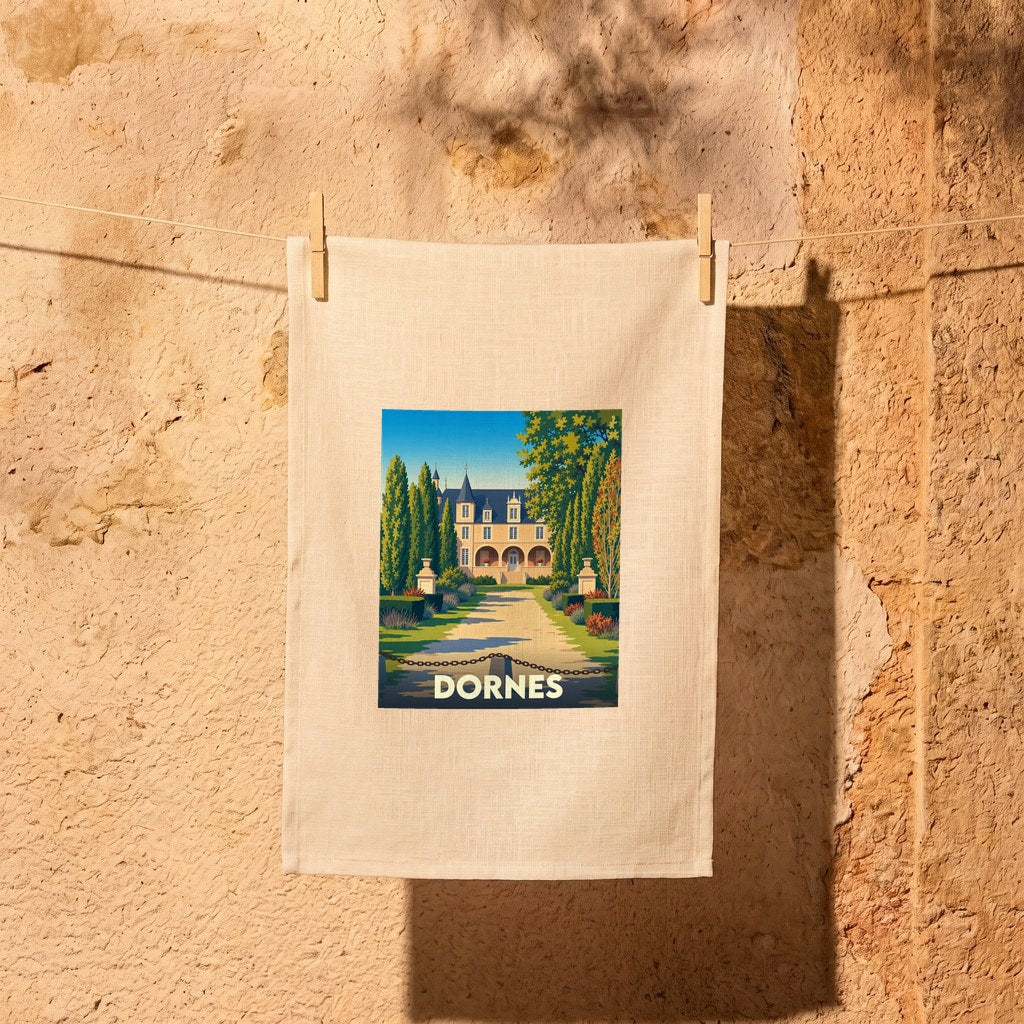 Torchon souvenir de la ville de Dornes avec une illustration stylisée d'un château et ses jardins.
