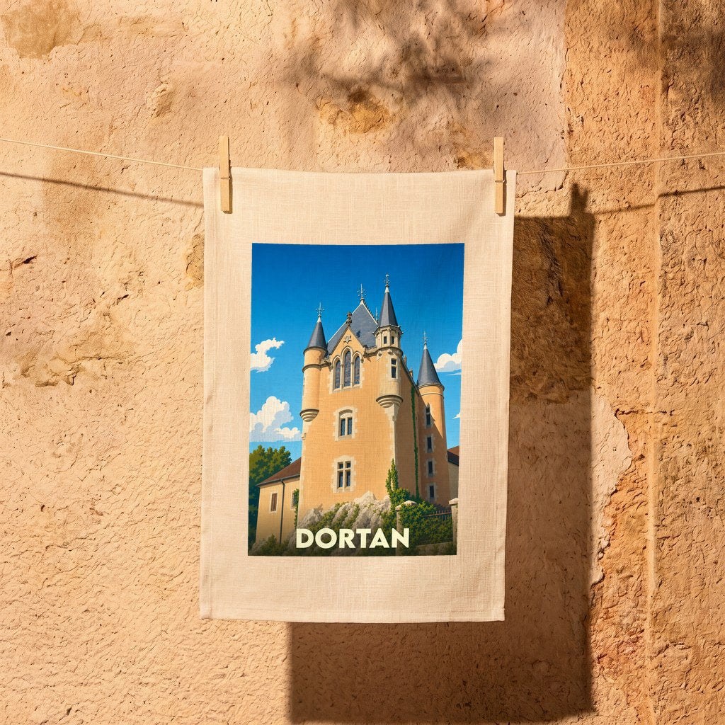 Torchon souvenir de la ville de Dortan avec une illustration stylisée de son château.