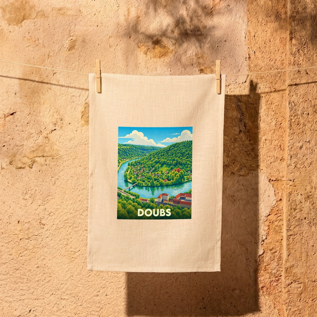 Torchon souvenir du Doubs avec une illustration stylisée de sa vallée verdoyante.