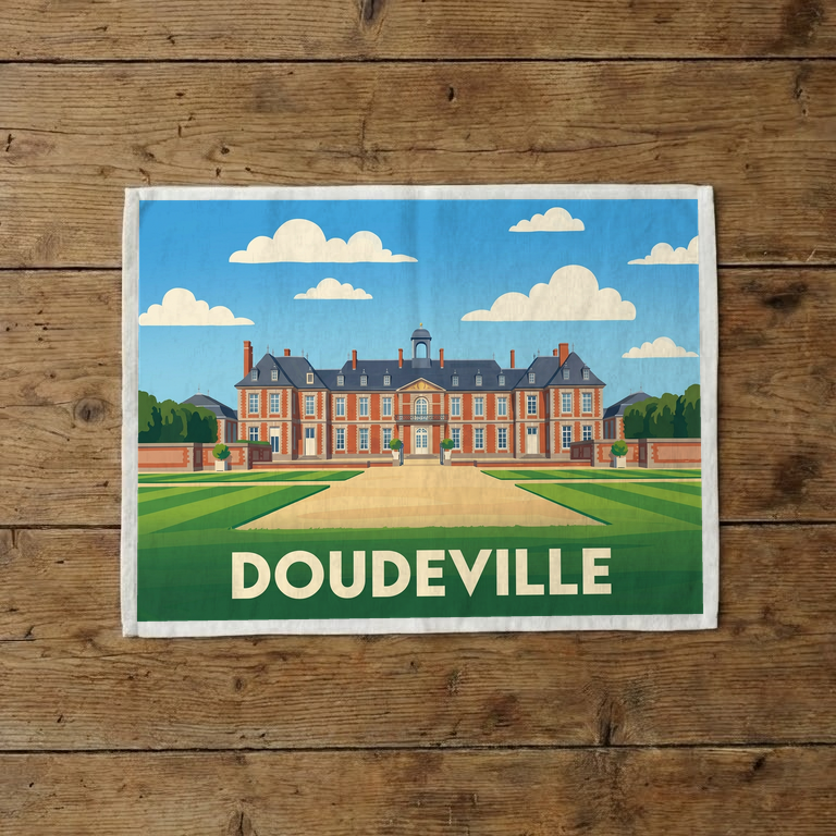 Torchon souvenir de la ville de Doudeville avec une illustration stylisée de son château.