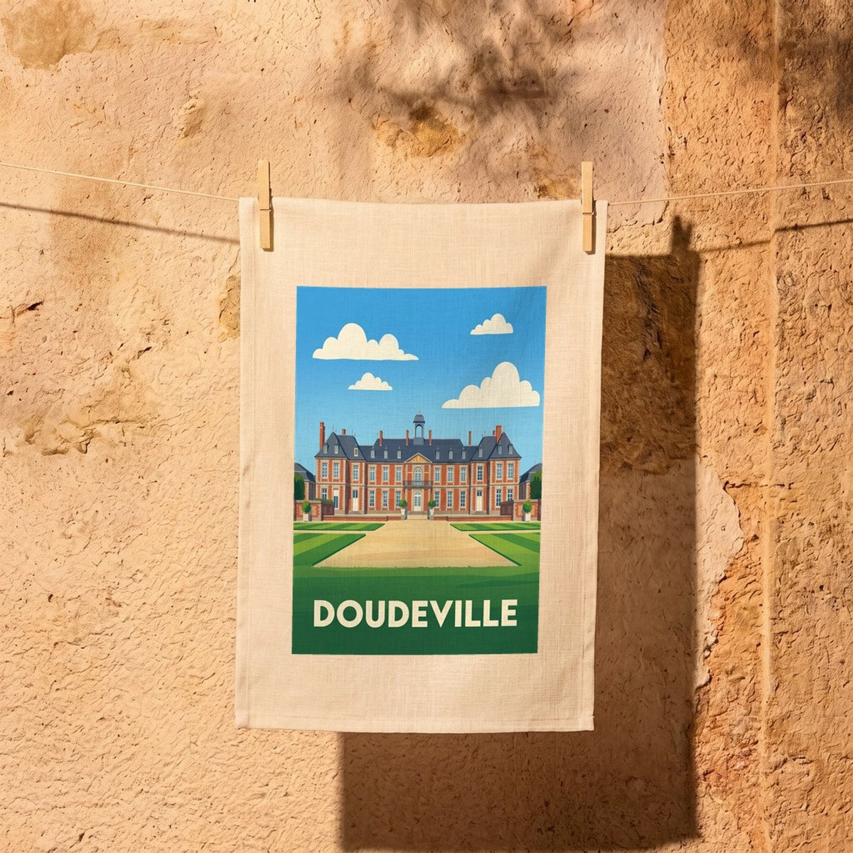 Torchon souvenir de la ville de Doudeville avec une illustration stylisée de son château.