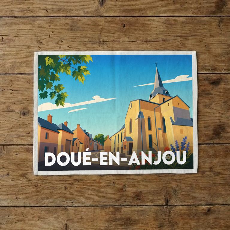 Torchon souvenir de la ville de Doué-en-Anjou avec une illustration stylisée de son église et de ses rues.