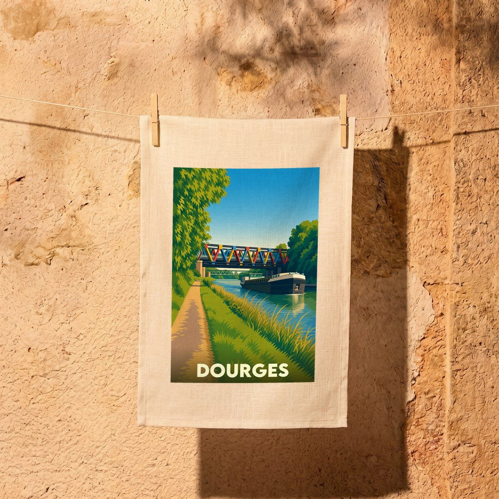 Torchon souvenir de la ville de Dourges avec une illustration stylisée d'une péniche sur un canal.