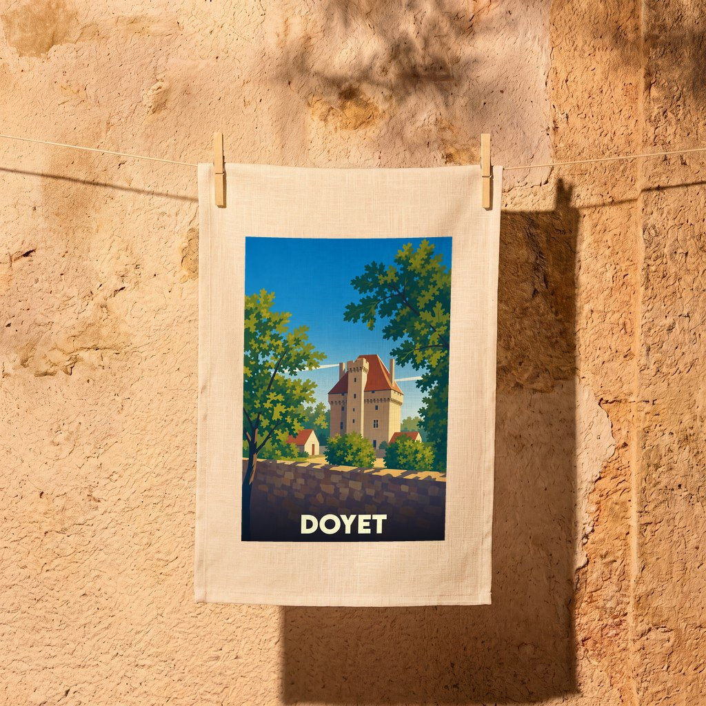Torchon souvenir de la ville de Doyet orné d'une illustration stylisée de son patrimoine.