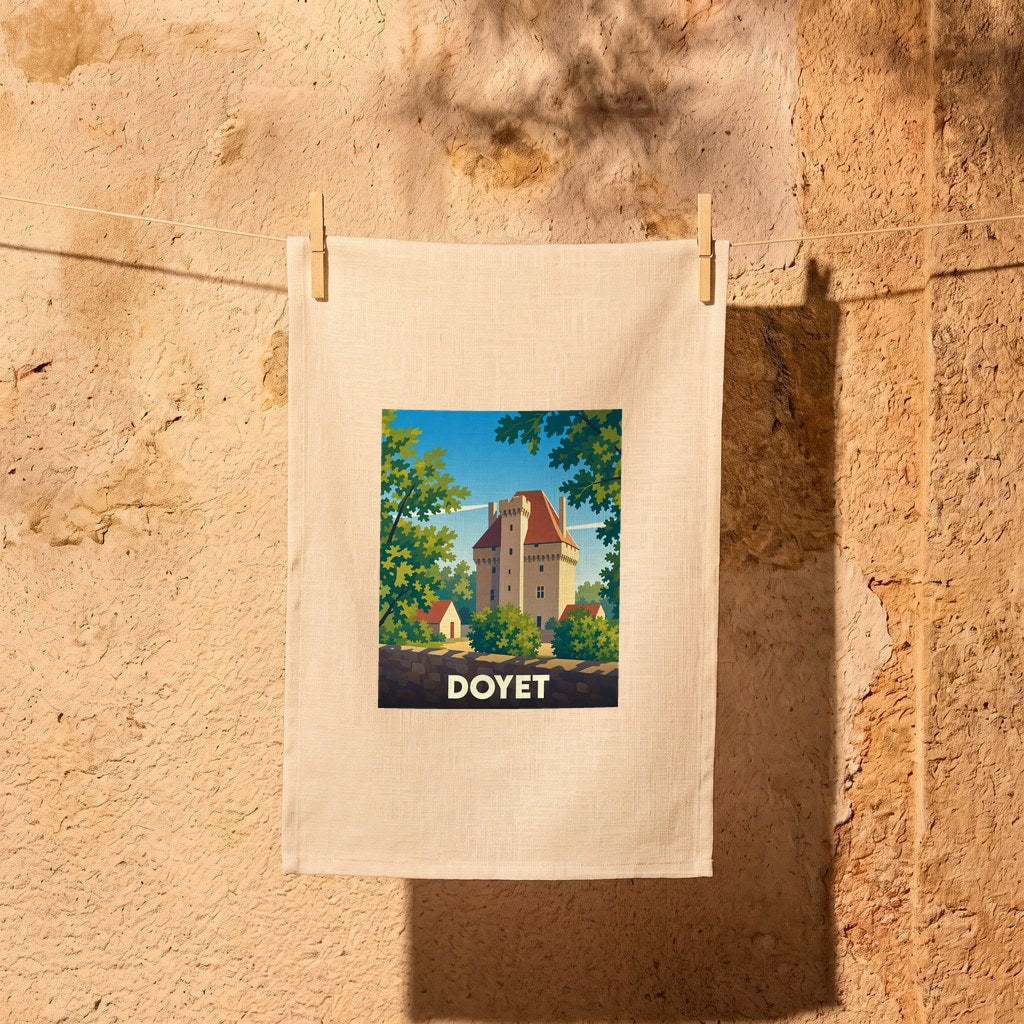 Torchon souvenir de la ville de Doyet orné d'une illustration stylisée de son patrimoine.
