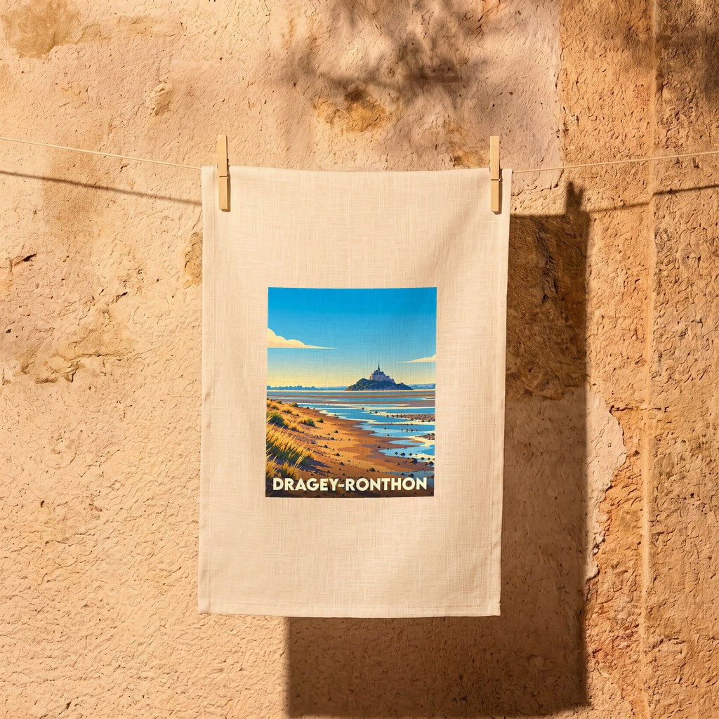 Torchon souvenir de la ville de Dragey-Ronthon illustré par un paysage littoral stylisé.
