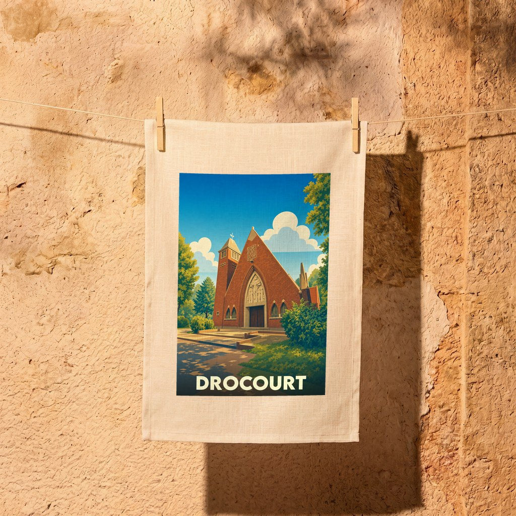Torchon souvenir de la ville de Drocourt orné d'une illustration stylisée de son église.