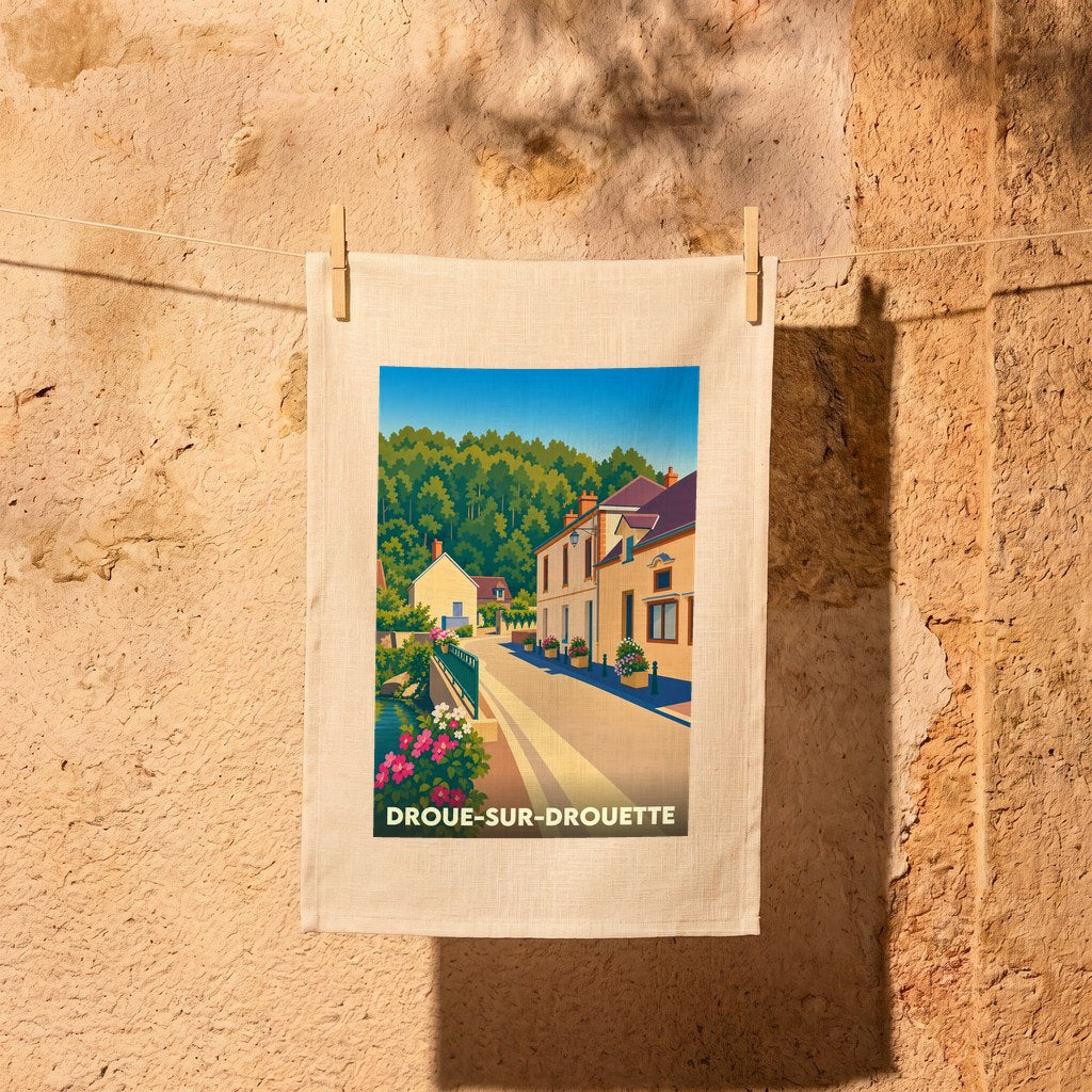 Torchon souvenir de la ville de Droue-sur-Drouette avec une illustration stylisée.